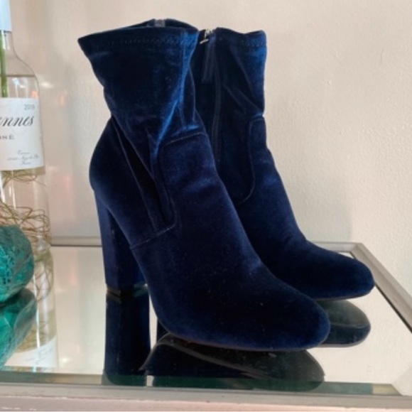 Shoes - Women's Navy Velvet Ankle Boots - Classic Heeled Bootie